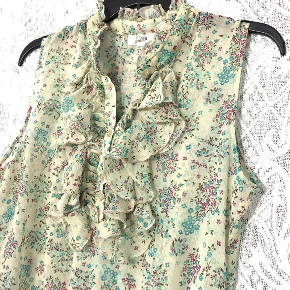 Grane Floral Tank Top L Purple Aqua Blue Creme Tan Semi Sheer Stretch Ruffle - Picture 6 of 9